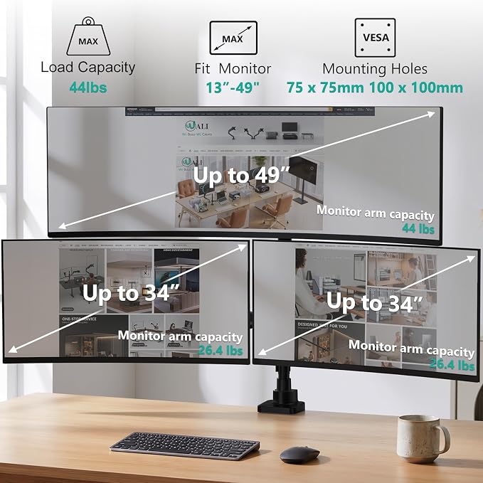 WALI Triple Monitor Mount, up to 49'' Ultrawides on Top Bracket and 34'' Screens on Side Brackets, Extra Tall 3 Monitors Desk Mount, Heavy Duty Monitor Arm up to 44 lbs (GSDM003N-P), Black - Image 2