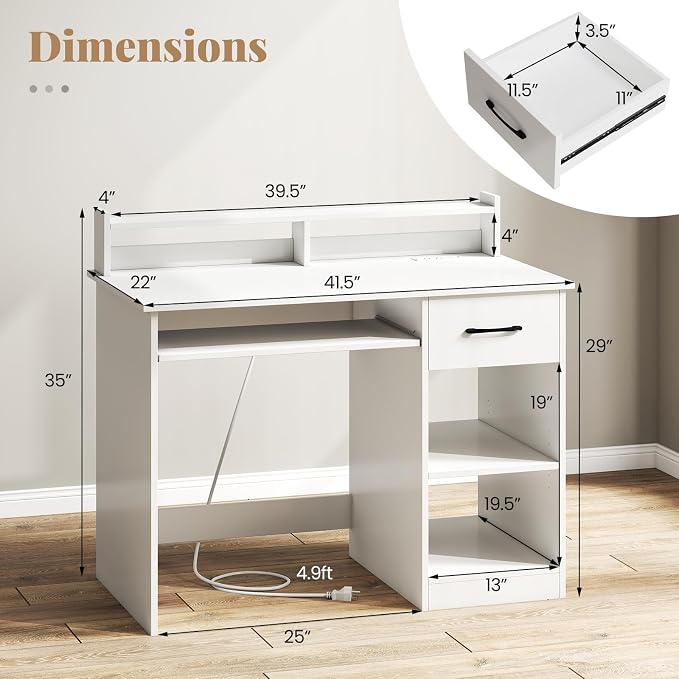 Giantex White Desk with Drawers, Modern Home Office Desk with Keyboard Tray, Monitor Stand & Adjustable Shelf, PC Laptop Table Computer Workstation, Study Writing Desk for Small Spaces, Bedroom - Image 2