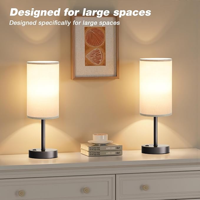 Fenmzee Grey Nightstand Bedroom Lamp - 3 Way Dimmable Bedside Lamp USB C A Charging Ports and AC Outlet, Small Table Lamp Linen Lampshade for Office Desk - Image 4