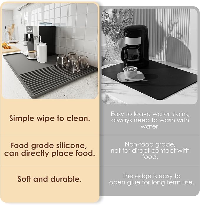 WUDIALIEN Silicone Coffee Mat with Raised Edges, 24'' x 16'' Bar Mat for Countertops, Fits Under Coffee Maker, Espresso Machine, Dish Drying Mat, Gray - Image 6