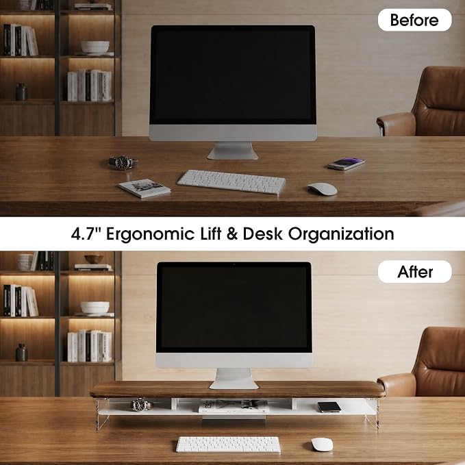 Fenge 42.5" Dual Monitor Stand with Clear Acrylic Legs, Brown | Clear acrylic, storage compartment, 2-tier home office monitor riser, wide large desktop shelf fit monitor/laptop/printer - Image 6