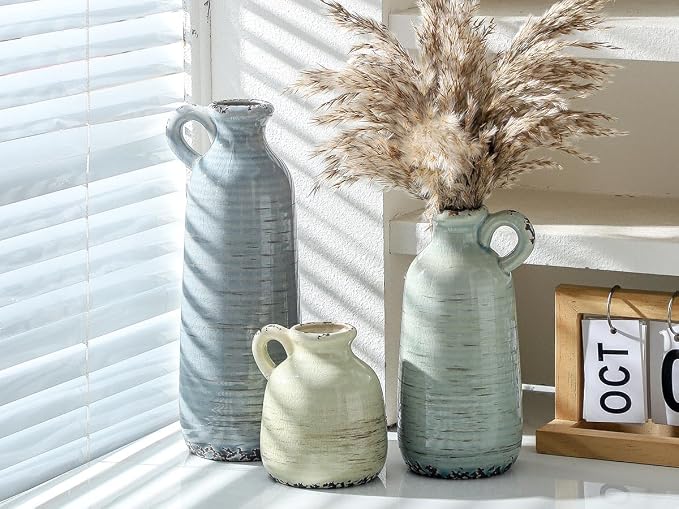 Ceramic Vase Set of 3 | Neutral Vase Home Decor with Handle | Pottery Modern Farmhouse Vases Pampas Grass Flower Vases for Home Decor Table Living Room Centerpieces Mantel Decor - Multicolor - Image 4
