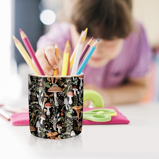 Pen Pencil Holder for Desk, Ceramic Pen Cup Cute Makeup Brush Holder, Unique Desk Multifunctional Pens Organizer for Home, Office, Mushrooms Pattern - Image 5