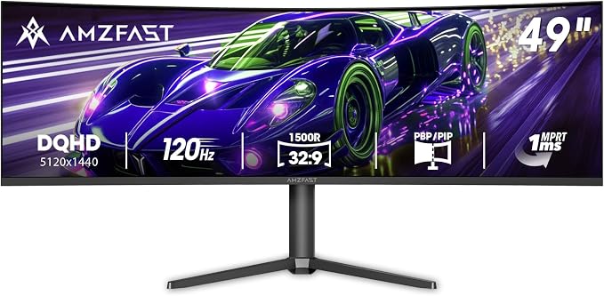 Amzfast 49 Inch Curved Monitor 120Hz DQHD (5120x1440) Ultrawide Gaming Monitor, 120% sRGB, 1500R, 1ms MPRT, HDR, Adaptive Sync, PIP/PBP, Height Adjustable, HDMI 2.0/DP 1.4, VESA 75x75, AMZG49C7U by Amzfast