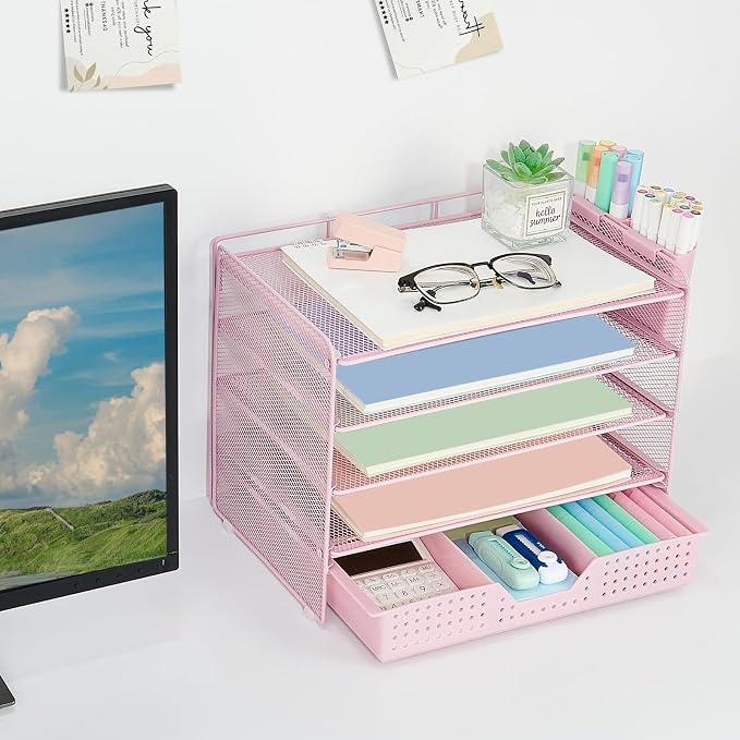 LEKETREE Desk Organizers and Accessories, 5-Tier Paper Letter Tray Organizer with Drawer & 2 Pen Holders, Desktop Organizer for Office Supplies (Pink) - Image 3