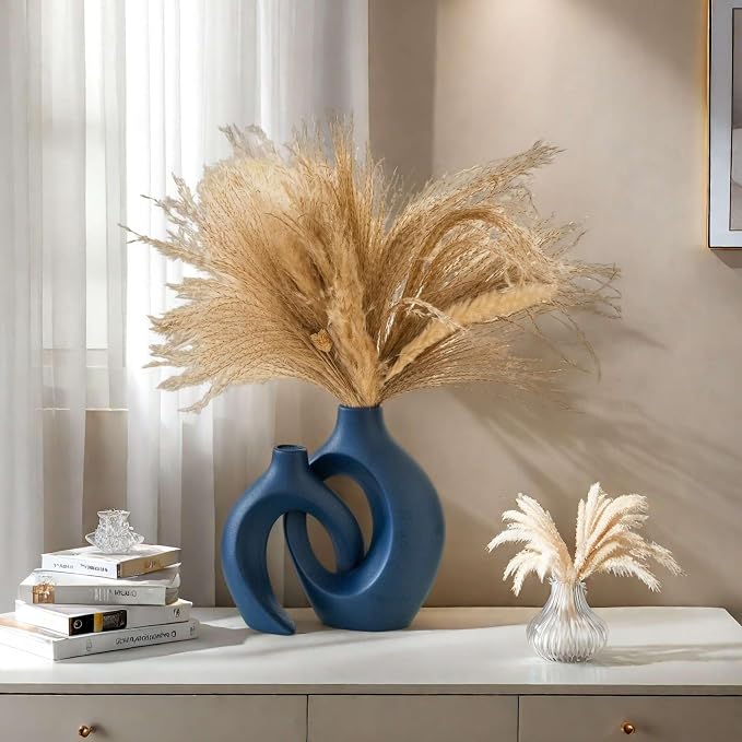 Lvases Snuggle Hollow Ceramic Flower Vase, Minimalist Decorative Vases of 2 | 8.4" Nordic Boho Home Decor Vase for Modern Aesthetic Ins Style Living Room Coffee Table Centerpieces Pampas Grass Decoration - Image 8