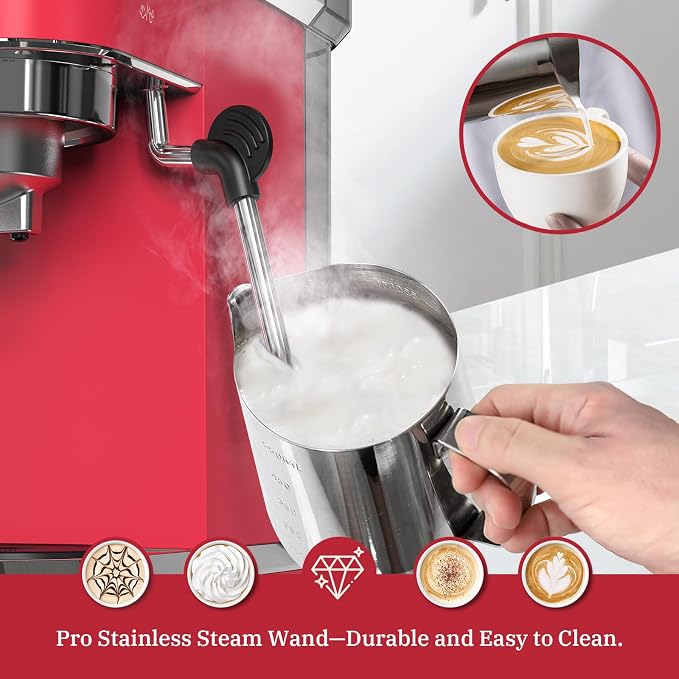 Espresso Machine 20 Bar, Professional Espresso Maker with Milk Frother Steam Wand, Compact Coffee Machine with Removable Water Tank for Cappuccino, Latte, Gift for Dad or Mom, Stainless Steel, Red - Image 5