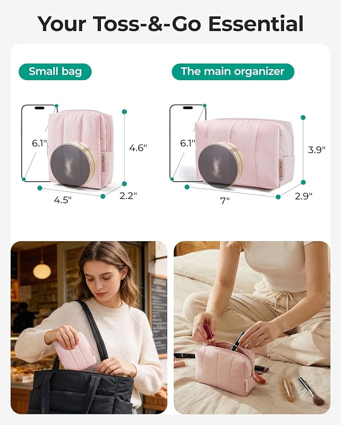 BAGSMART Puffy Travel Makeup Bag Duo Large & Small for Women, Baby Pink | Puffy Padded, Travel Cosmetic Organizer with Slip-in Pockets, Large Toiletry Bag & Small Purse Pouch, Travel Essentials - Image 3