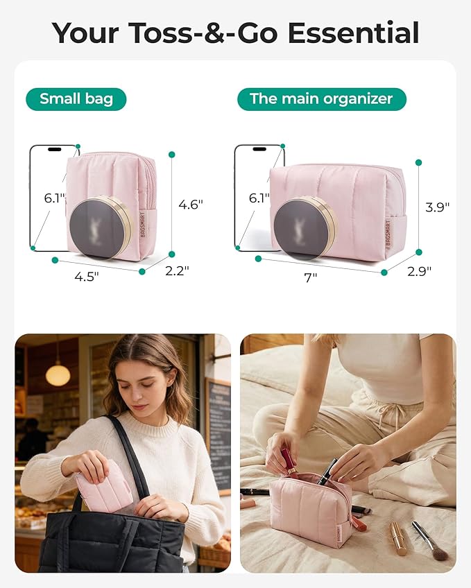 BAGSMART Makeup Bag Duo Set, Puffy Padded Travel Cosmetic Organizer with Slip-in Pockets, Large Toiletry Bag & Small Purse Pouch, Travel Essentials for Women, Blue - Image 3