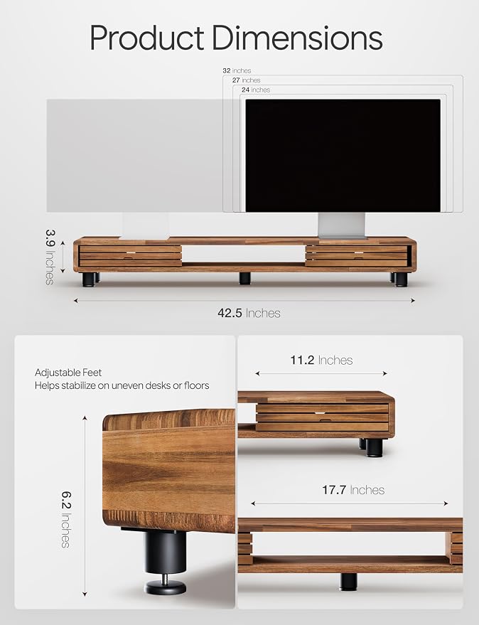 Tinamo 42.5" Dual Monitor Stand Riser with Sliding Doors – Solid Acacia Wood Desk Shelf for 2 Monitors, Desktop Organizer with Storage, Ergonomic 5" Height for Computer, Laptop, Printer, TV - Image 2