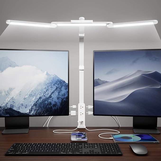 SUPERDANNY LED Desk Lamp with Power Strip (6 Outlets, 1 USB, 1 Type-C) for Home Office, Desk Light Computer Light with Clamp, Architect Desk Lamp with Smooth Dimming 5 Colors (White) by SUPERDANNY