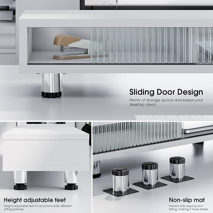 Fenge Dual Monitor Stand, 42.5inch Long Monitor Stands Riser for 2 Monitors, Glass Sliding Door with Storage Organizer Stand for Desk, 2 Tier Desk Shelf for Laptop, Pc, Printer, Computer, TV - Image 2