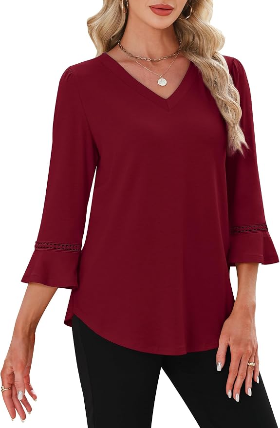 WIHOLL Womens Blouses Dressy Casual 3/4 Length Sleeve Tops Lace Trendy 2026 Spring Summer V Neck Shirts Vacation Outfits - Image 3