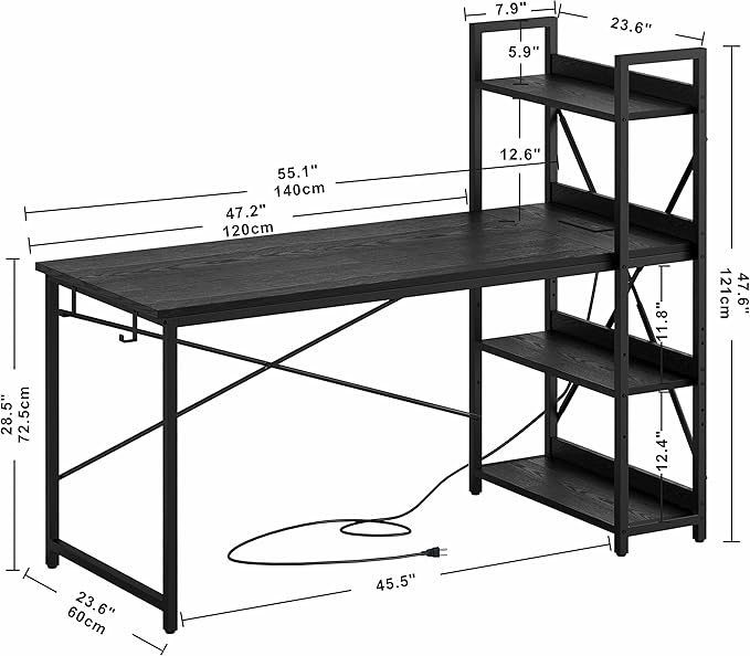 IRONCK Computer Desk 55" with Power Outlet and Storage Shelves, Study Writing Table with USB Ports Charging Station, PC Desk Workstation for Home Office, Black - Image 7