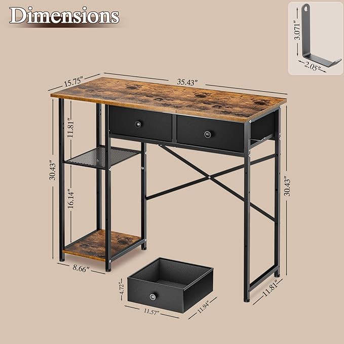 DAOUTIME Small Computer Desk, 36 Inch Writing Desk with Drawers & Storage Shelves, Home Office Writing Desk for Small Spaces, Bedroom, Living Room, Dorm, Rustic Brown - Image 2