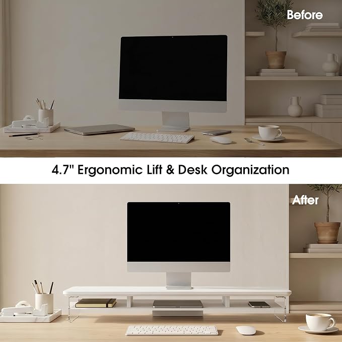 Fenge 42.5" Dual Monitor Stand with Clear Acrylic Legs, White | Clear acrylic, storage compartment, 2-tier home office monitor riser, wide large desktop shelf fit monitor/laptop/printer - Image 6