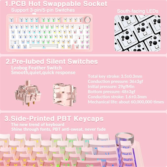 AULA F75 Pro Wireless Mechanical Keyboard Silent Version,75% Hot Swappable Custom Keyboard with Knob,RGB Backlit,Pre-lubed Switches,Side Printed PBT Keycaps,2.4GHz/USB-C/BT5.0 PC Gaming Keyboards,Pink - Image 5