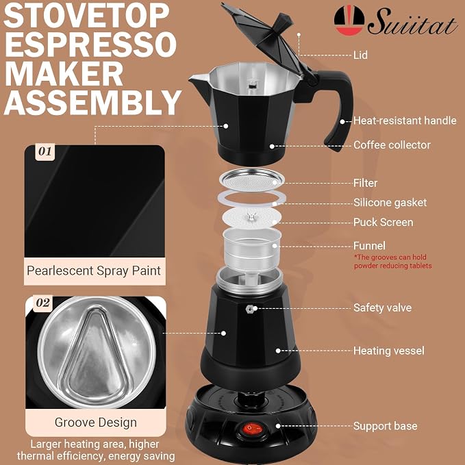 Electric Moka Pot, 3 or 6 Cup Espresso Coffee Maker, Black | Food-grade aluminum, dose reduction plate, boil-dry protection, auto-stop, detachable base, for Cuban and Italian coffee - Image 2