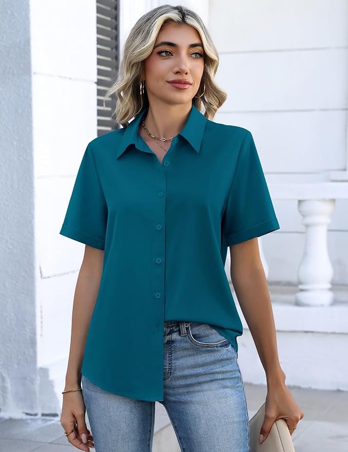 Zeagoo Button Down Shirts for Women Short Sleeve Collared Tops Dressy Casual V Neck Blouses - Image 4