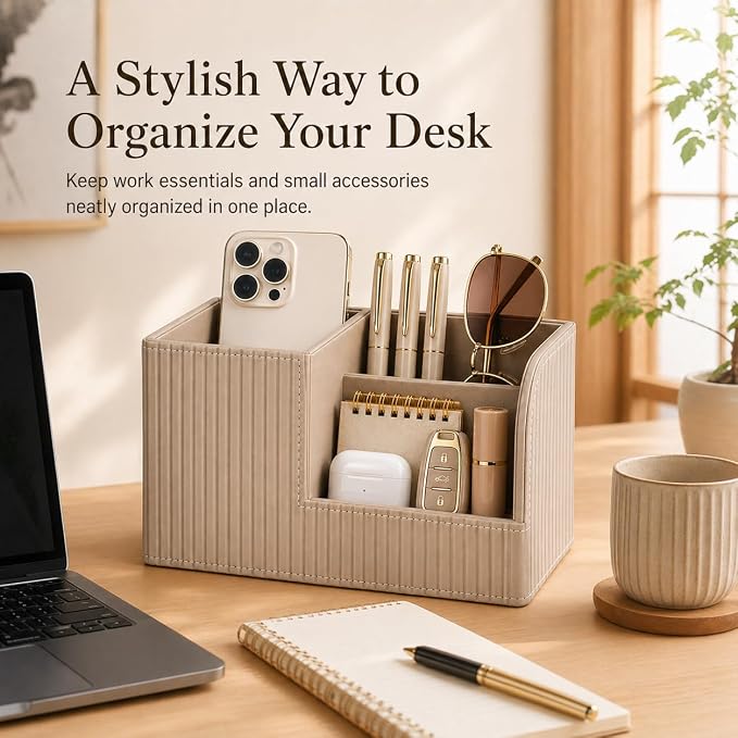 KINGFOM Desk Pen Organizer Office Supplies Caddy Pu Leather Multi-function Storage Box Pen/Pencil,Cell phone, Business Name Cards Remote Control Holder (Mocha Beige) - Image 7