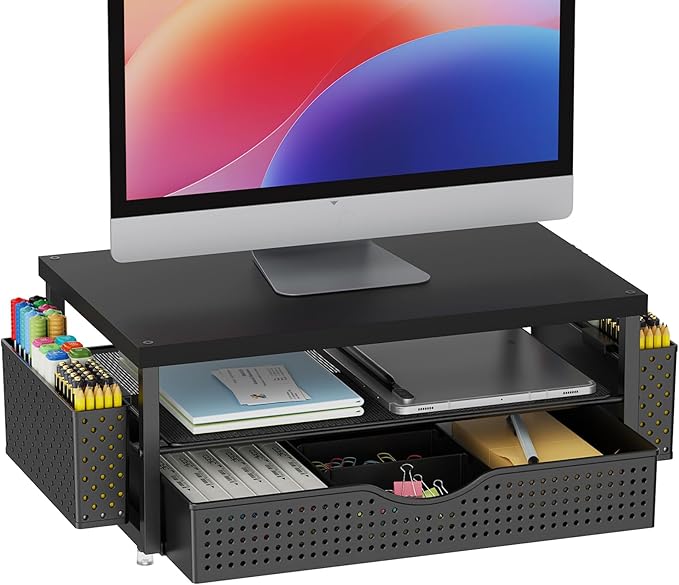 gianotter Desk Organizers and Accessories, Monitor Stand with Drawer and 2 Pen Holder, Desktop Organizer Suitable for Offices and Dormitories (Black-Plain) by gianotter