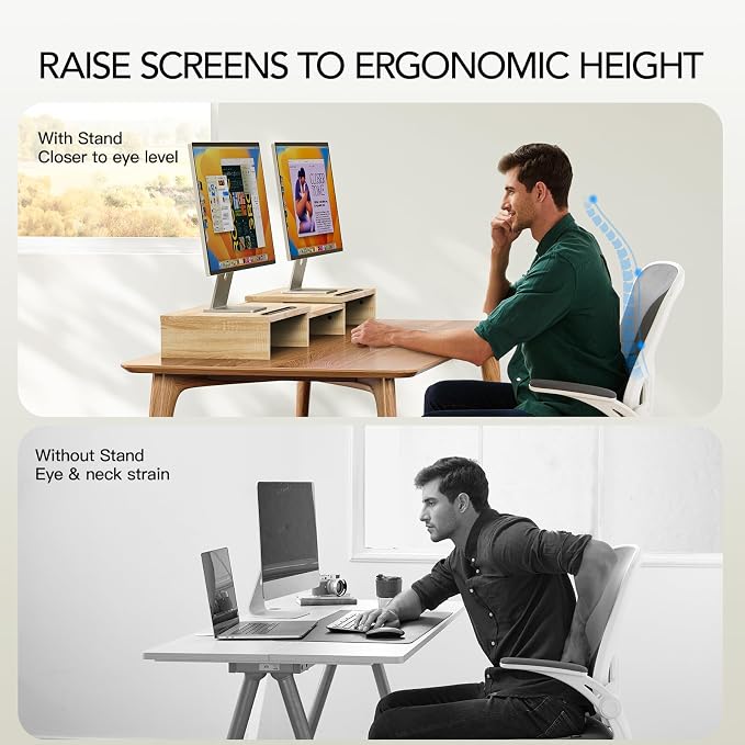 AMERIERGO Dual Monitor Stand Riser- 3 Shelf Screen Stand with Adjustable Length and Angle, 2 Extra Functional Slot Desktop Organizer Stand for PC, Computer, Laptop (Light Wood) - Image 4