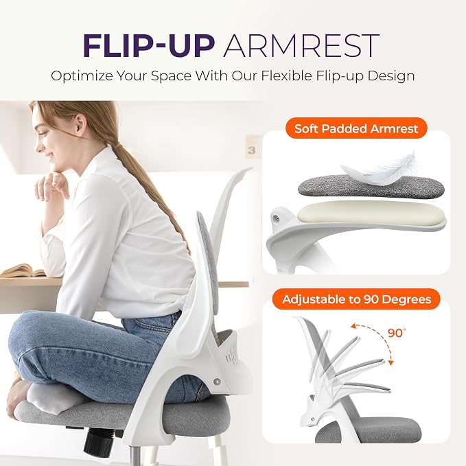 NEO CHAIR Office Desk Chair, Ergonomic Mesh with Flip-Up Armrests, Grey | Lumbar Support, Height Adjustment, 360° Swivel and Rolling Base, Space-Saving Design for Home Office, Vanity or Study - Image 6