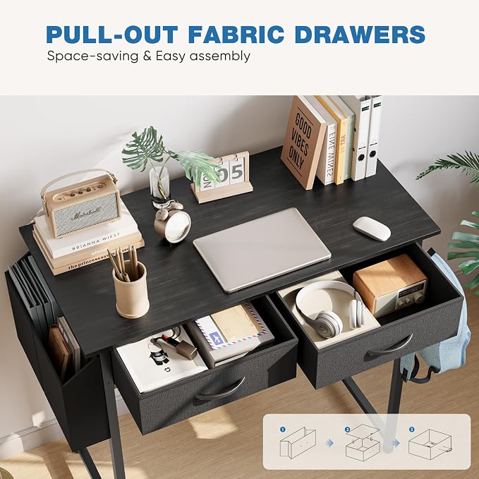 OLIXIS 32 Inch Small Desk, Computer Desk, Home Office | Fabric Drawers, Side Bag, Headphone Hook, Writing Study Work Table, Bedroom, Sleek Black - Image 4