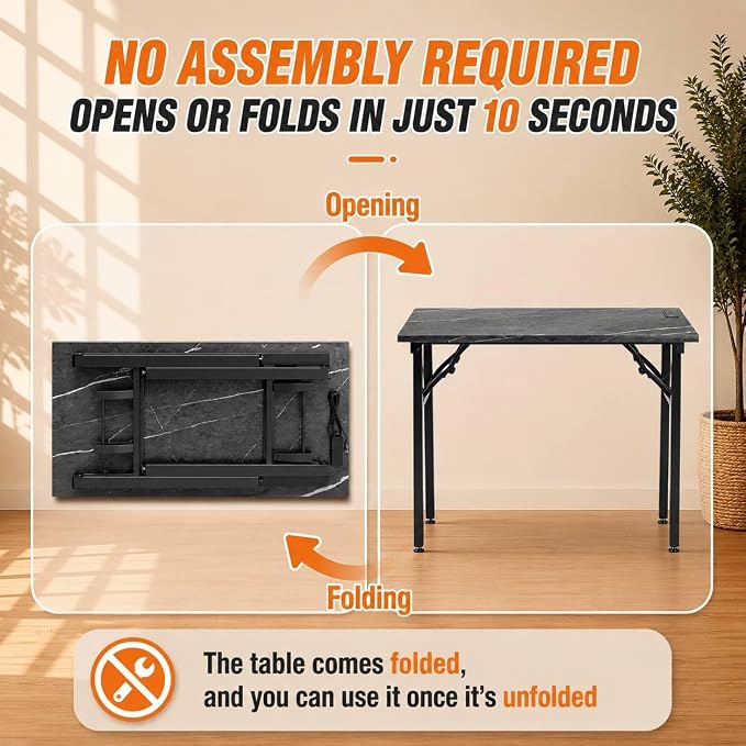 Folding Table Computer Desk - 43.3" No Assembly Folding Desk with Power Outlets & USB Charging Port, Small Desk, Foldable Office Desk, Compact Storage Portable Use for Small Space, Marble Greige - Image 4