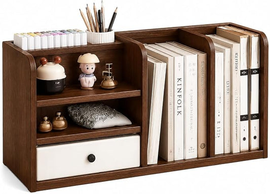 Desktop Organizer with Drawer & Dual File Compartments, Multi-Functional MDF Desk Storage Rack with 3-Tier Shelves and Pen Holder, Space Saving Desk Organizer 22.0×10.6×6.7 Inch for Study Room by Unknown