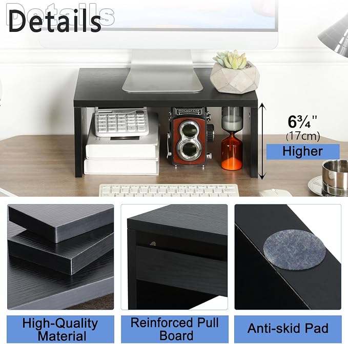 TEAMIX 6.7 inch Tall Monitor Stand Riser, Wood Shelf Riser, Desk Organizer | Laptop/Printer/Computer Stand, Extra Storage Underneath, Minimalist, Modern Design, Smooth Black Finish, for Home Office - Image 5