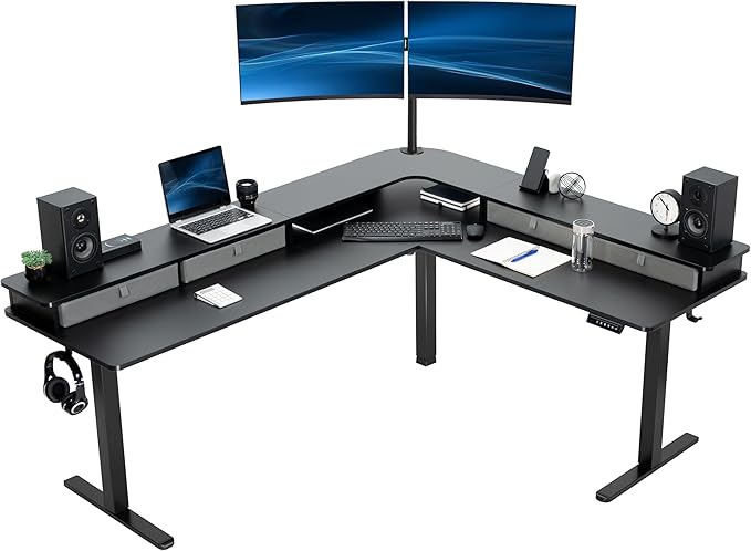 VIVO Black 75 x 63 in Corner Standing Desk, DESK-E3CVB-75 | Electric, 2-Tier, L-Shaped, Sit Stand, Height Adjustable, Memory, Black Top, Black Frame, Light Gray Drawers by Unknown