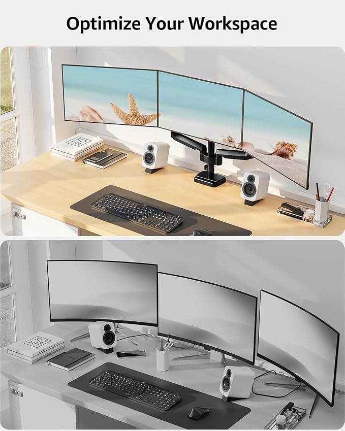 MOUNTUP Triple Monitor Mount, Triple Monitor Desk Mount for Max 27 inch Computer Screens, 3 Monitors Stand for Desk, Monitors Arm with Swivel, Tilt, Rotation, Each Arm Holds 4.4-19.8 lbs - Image 6