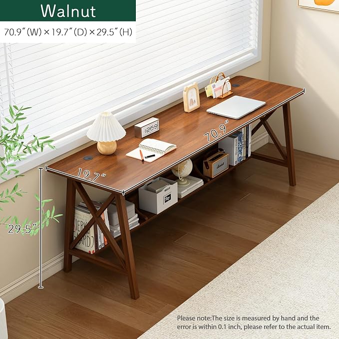 NELYE Extra Long Writing Desk with Bookshelf, 71" Wx20 Dx30 H, Walnut | Wooden Home Office Work Study Table, Computer Gaming Workstation with Storage Shelf, Sturdy MDF Resists Wobble - Image 5