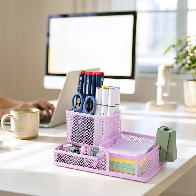 M&G Mesh Pen Holder Desk Organizers Pencil Holder for Desk Purple, 3 Compartments Metal Office Supply Organizer with Sticky Notes Holder for Home Office - Image 4