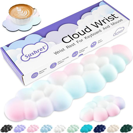Sushret Cloud Wrist Rest Keyboard, Cloud Keyboard Wrist Pad Set with PU Leather Memory Foam, Cute Arm Rest for Palm Support, PC/Gaming Desk Accessories/Office Setup/Computer Hand Cushion - Rainbow by Sushret