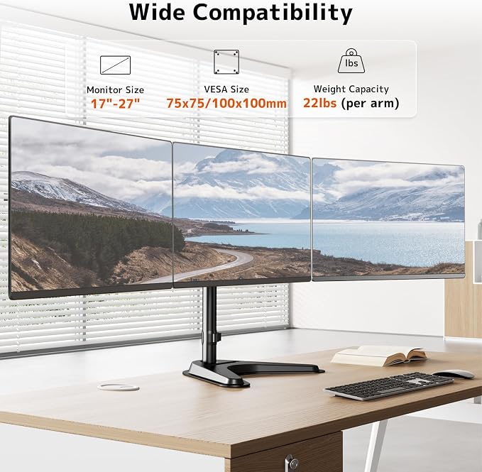 Triple Monitor Stand, Full Motion Arm Fits up to 27 inch | Free standing, Cable Management, 22 lbs Weight Capacity per Arm, 75/100 mm VESA, Black - Image 2