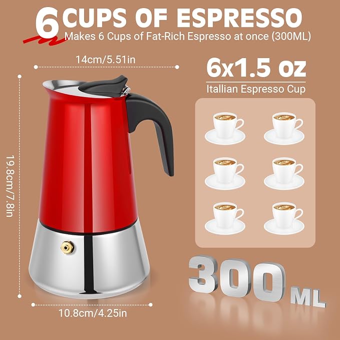 6 Cup Stainless Steel Moka Pot, 300ml Stovetop Espresso Maker, Red | 304 Stainless Steel Mocha Pot, Induction Compatible, Greca de Cafe, Cuban and Italian Coffee Maker - Image 6