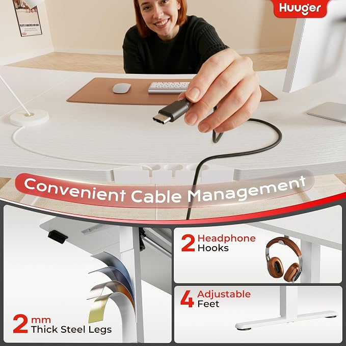 Huuger 71 X 30 Inch Electric Standing Desk with Power Outlets and USB-C Port, Height Adjustable Desk, Sit Stand Desk for Home Office, Computer & Gaming Desk with 4 Presets, Stable Steel Frame, White - Image 6