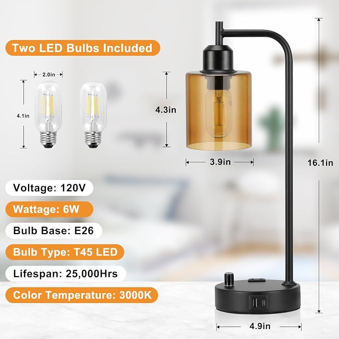 Industrial Bedside Lamps for Nightstand Set of 2 - Fully Dimmable Bedroom Lamps with USB A C Ports and Outlet, Black Table Lamps with Amber Glass Shade for Living Room, Desk Lamps for Office Reading - Image 6