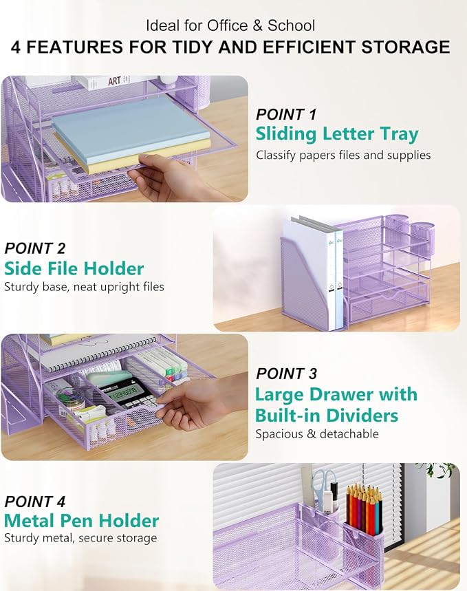 WALI Desk File Organizer, 4 Tier Desktop Paper Letter Tray Organizer with Drawer and 2 Pen Holders, Office Desk Accessories & Workspace Organizers for Office, Home Supplies(DO005DH-V), 1 Pack, Purple - Image 4