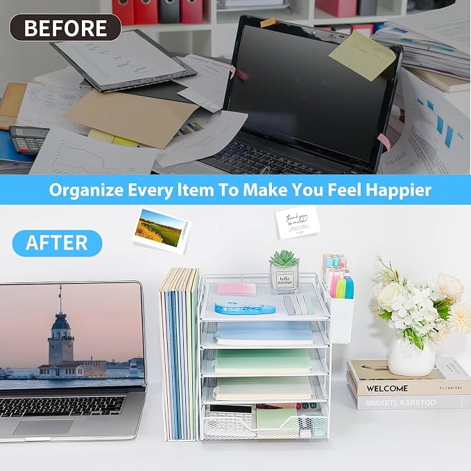 Desk Organizers and Accessories, 5-Tier Paper Letter Tray Organizer with File Holder, Drawer & Pen Holder, Office Desk Accessories, Desktop Organizer for Classroom Office Supplies, White - Image 4