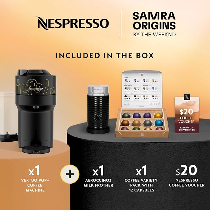 Nespresso Samra Origins Vertuo Pop+ Coffee Machine with Milk Frother | Samra Origins by The Weeknd in buna yellow, by De'Longhi. Aeroccino3 frother bundle for hot or cold foam drinks at home. - Image 3