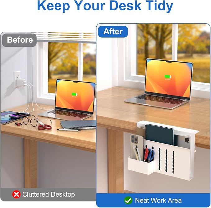 HAMOPY Desk Side Storage, Single-Layer Steel Hanging Desk Organizer with Magnetic Pen Holder, No Drilling Desk Drawer Cable Management Tray, Under Desk Laptop Holder for Office, School&Home(White) - Image 4
