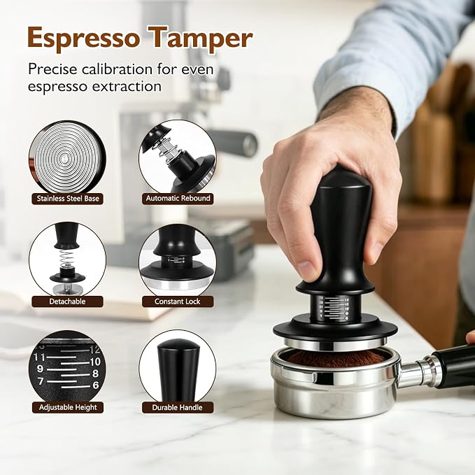 54mm Espresso Accessories Kit, 7Pcs Coffee Tamper Set with Wooden Tamping Station, Tamper, WDT Tool, Distributor, Puck Screen and Dosing Funnel, Espresso Tool Kit Fits 54mm Espresso Portafilter - Image 3