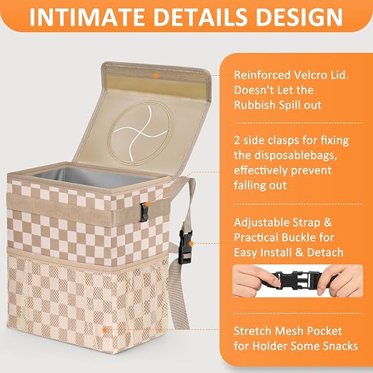 Vankor Car Trash Can Bin with Lid Hanging for Back Seat, Car Accessories for Women Men Leak Proof Automotive Garbage Cans Leakproof Vehicle Trash Can for Truck SUV,Khaki Checkered - Image 4
