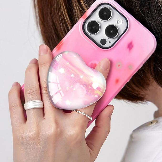 Luhoit Expandiing Cell Phone Grip Heart Shape Glass Finger Holder for Smartphones, Cellphone Collapsible Stand - Pink Star - Image 2