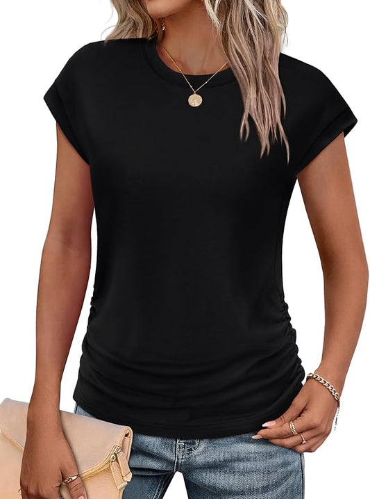 Sampeel Womens Summer Tops Trendy 2026 Ruched Cap Short Sleeve Tshirts Shirts Crew Neck T Shirts Fashion by SAMPEEL