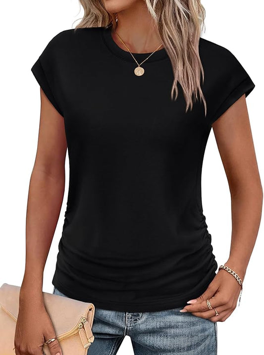 Sampeel Womens Summer Tops Trendy 2026 Ruched Cap Short Sleeve Tshirts Shirts Crew Neck T Shirts Fashion by SAMPEEL