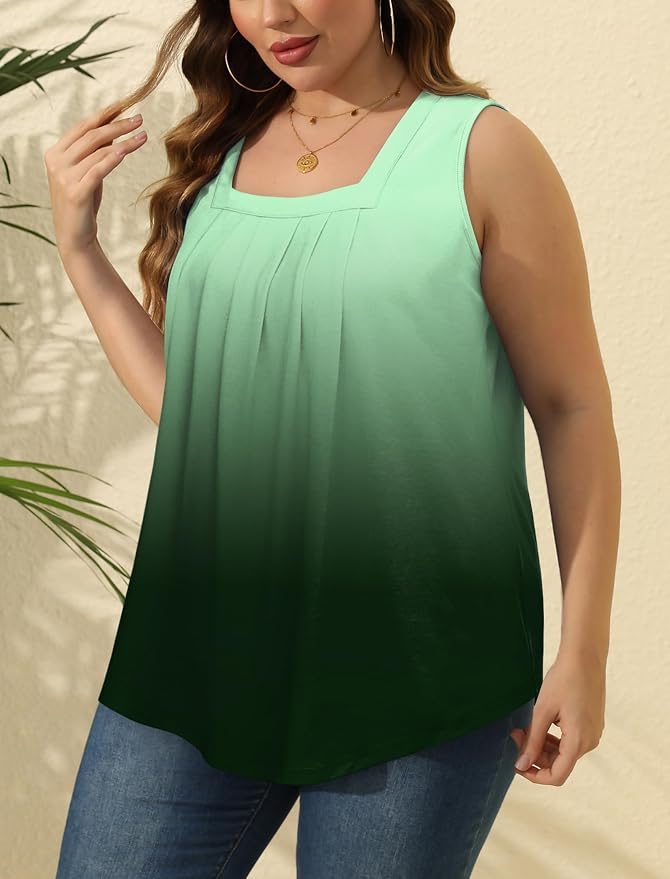 Saloogoe Summer Tank Tops for Women Loose Fit Pleated Square Neck Sleeveless Tops Curved Hem Flowy - Image 3